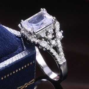 NEW 925 Silver Emerald Cut Diamond Halo Ring